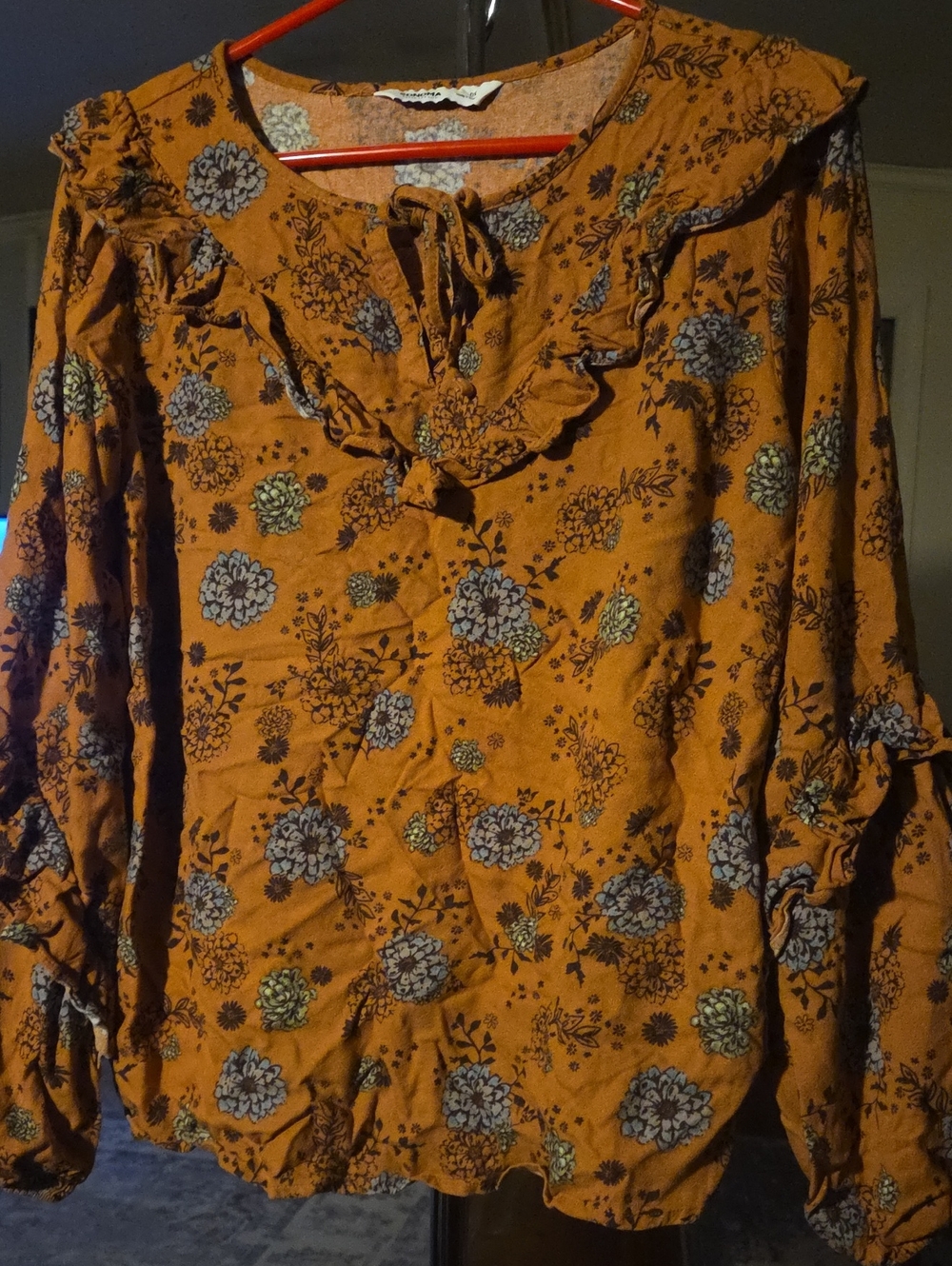 Sonoma Mustard Floral Ruffle Tie-Neck Blouse with Blue Accents